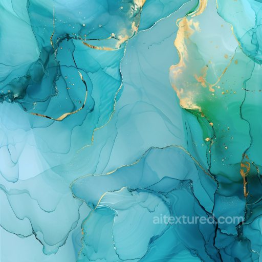 Alcohol Ink PBR Texture Featuring Blue-Green Fluid Swirls with Gold Veining seamless Alcohol ink PBR texture