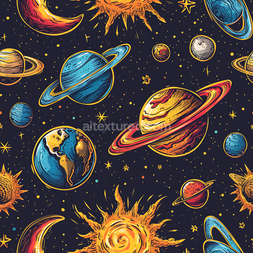 Seamless 3D Space PBR Texture Featuring Stylized Retro Planets & Suns