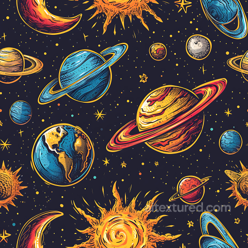 Space PBR Texture Featuring Stylized Retro Planets & Suns seamless Star, space, planets PBR texture