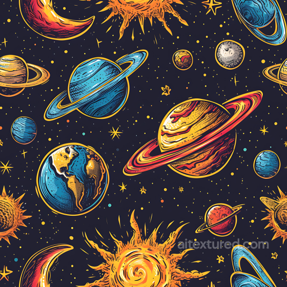 Space PBR Texture Featuring Stylized Retro Planets & Suns Star, space, planets texture preview