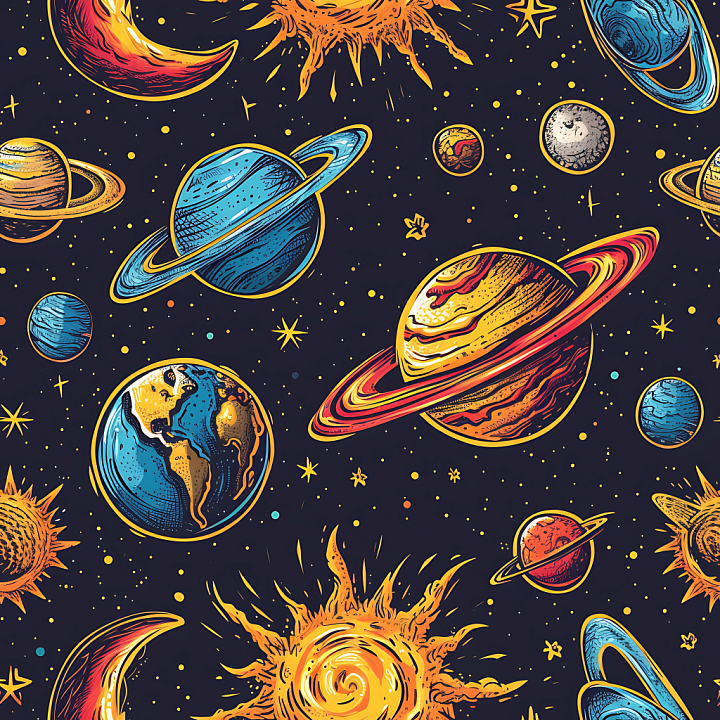 Space Featuring Stylized Retro Planets & Suns seamless PBR texture preview