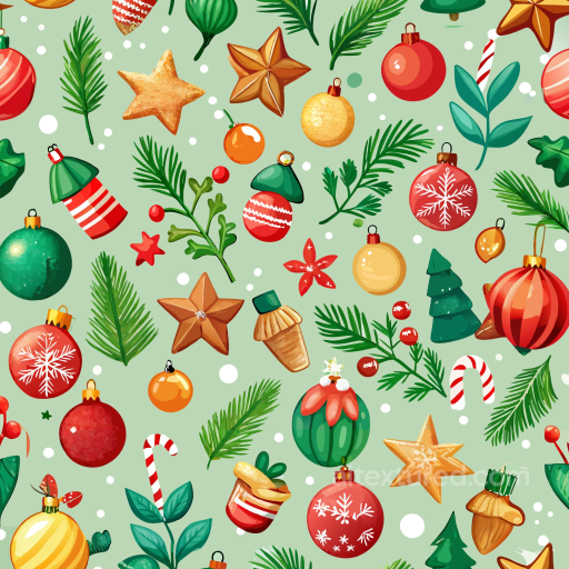 Watercolor Christmas Ornaments and Greenery Pattern Texture seamless Watercolor Christmas PBR texture