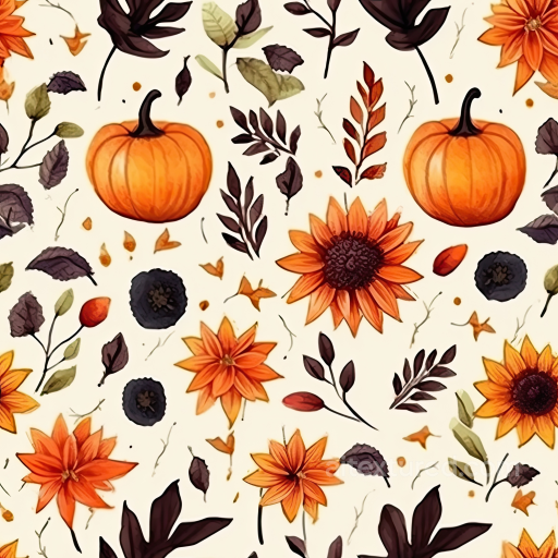 Watercolor Pumpkin and Floral Pattern Texture seamless Watercolor Halloween PBR texture