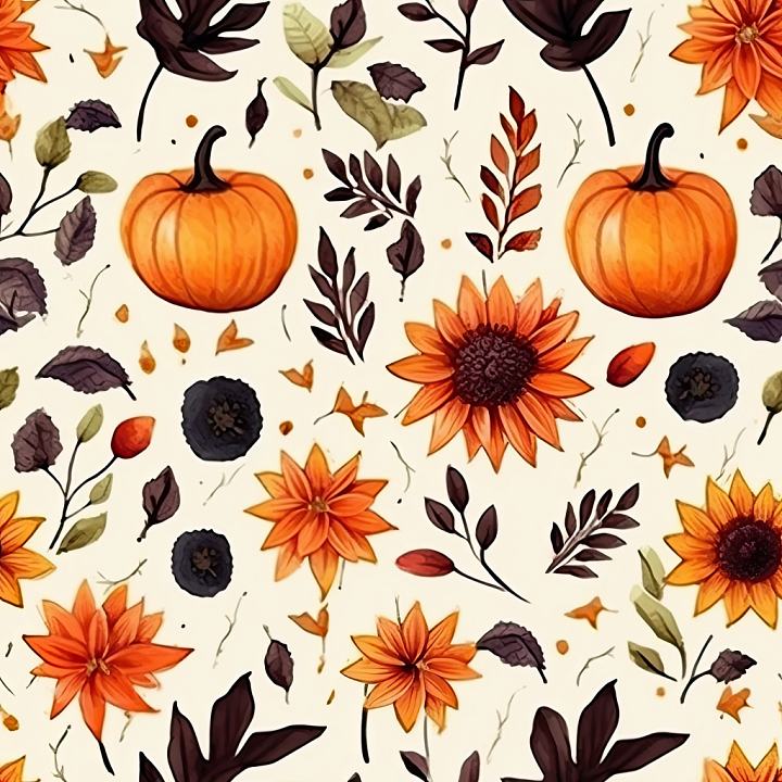 Watercolor Pumpkin and Floral Pattern seamless PBR texture preview