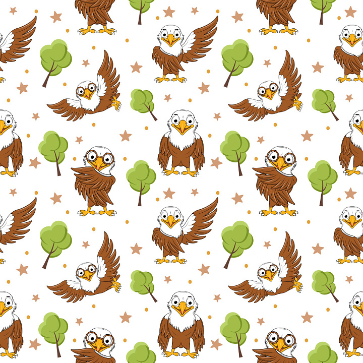 Pattern with Cartoon Eagles and Trees seamless PBR texture preview