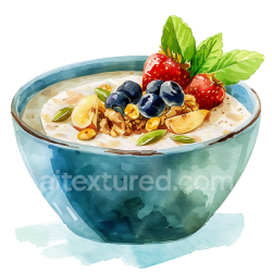 seamless Watercolor Quinoa Porridge Breakfast Bowl with Fresh Berries and Nuts Illustration texture 8k free download PBR