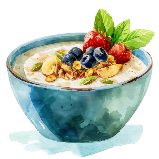 Watercolor Quinoa Porridge Breakfast Bowl with Fresh Berries and Nuts Illustration