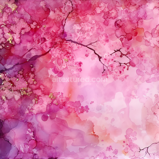 Seamless 3D Alcohol Ink PBR Texture with Pink Floral Swirls and Gold Accents