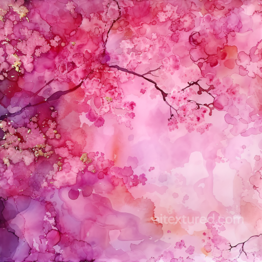 Alcohol Ink PBR Texture with Pink Floral Swirls and Gold Accents seamless Alcohol ink PBR texture