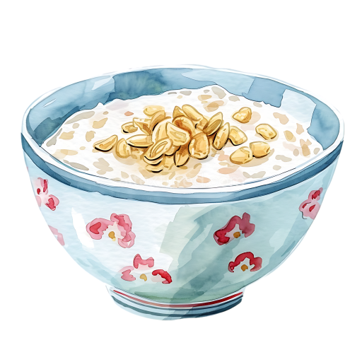 Watercolor-Style Rice Flakes Porridge in Floral Ceramic Bowl Breakfast Graphic