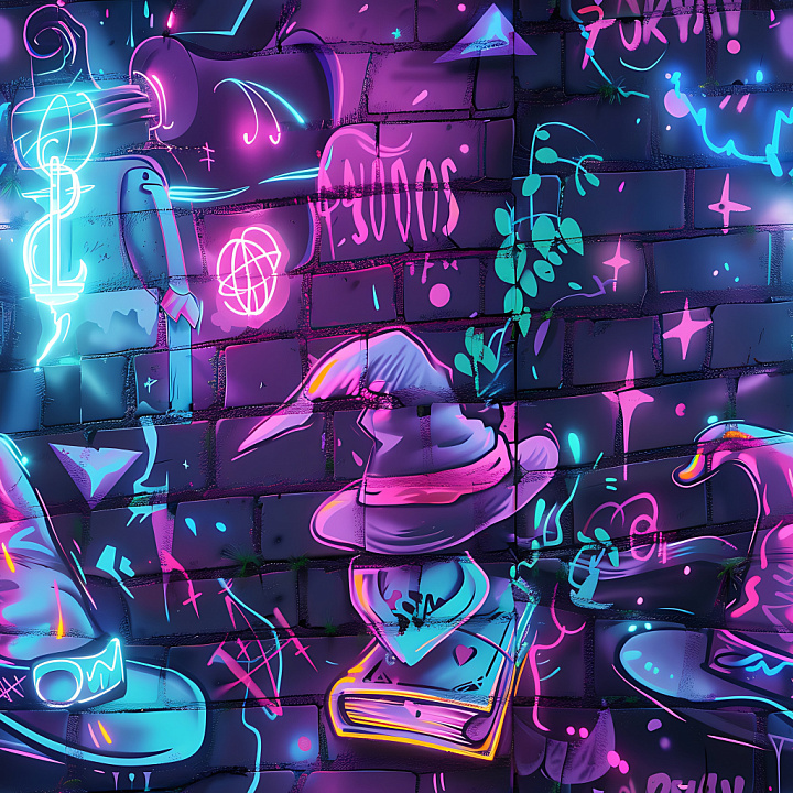 Neon-Style Graffiti on Brick Wall with Urban Vibes seamless PBR texture preview