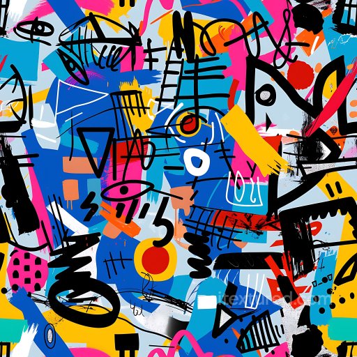 Seamless 3D PBR Texture Featuring Vibrant Abstract Graffiti Tags and Colorful Brush Strok… texture preview