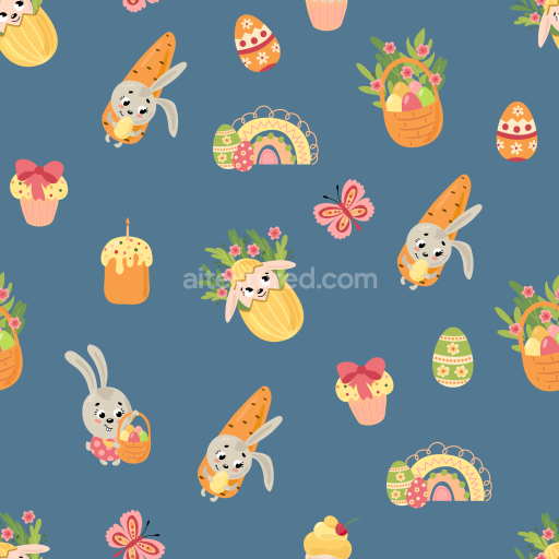 Seamless 3D PBR Texture with Easter Cartoon Bunnies and Eggs Pattern