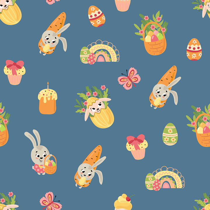 with Easter Cartoon Bunnies and Eggs Pattern seamless PBR texture preview