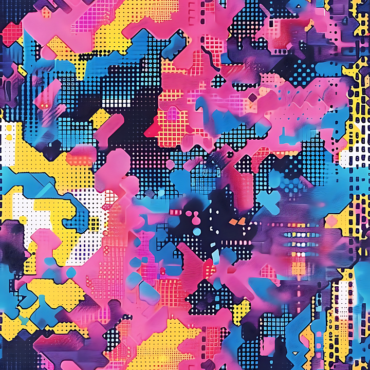 Stylized Digital Pixel Camouflage with Vibrant Color Blocks seamless PBR texture preview