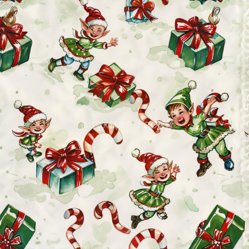 Preview — Seamless 3D PBR Watercolor Texture Featuring Christmas Elves, Gifts & Candy Canes