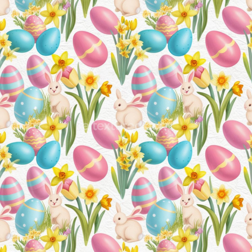 Seamless 3D PBR Easter Digital Paper Texture with Painted Eggs, Bunnies & Flowers