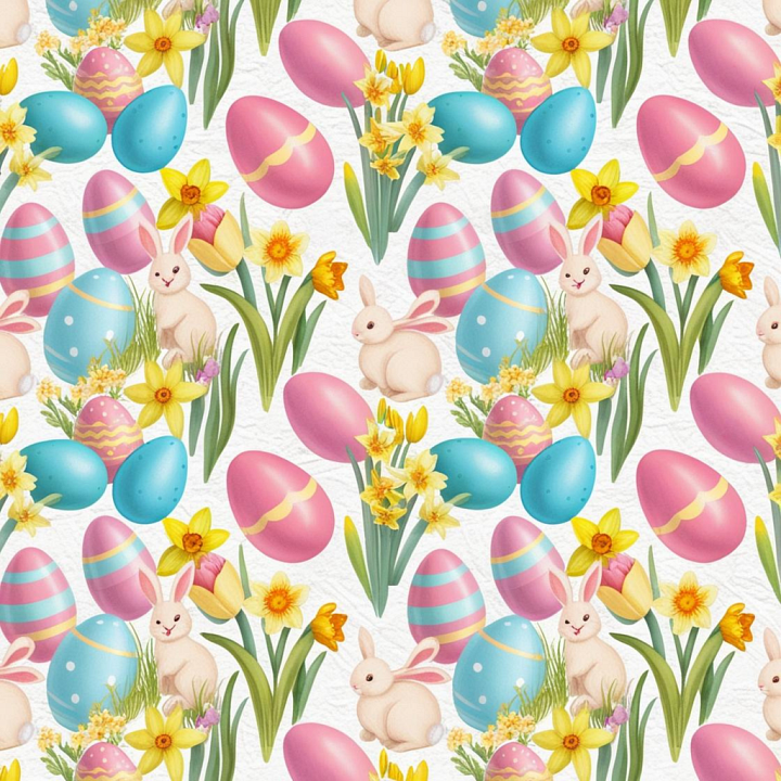 Easter Digital Paper with Painted Eggs, Bunnies & Flowers seamless PBR texture preview