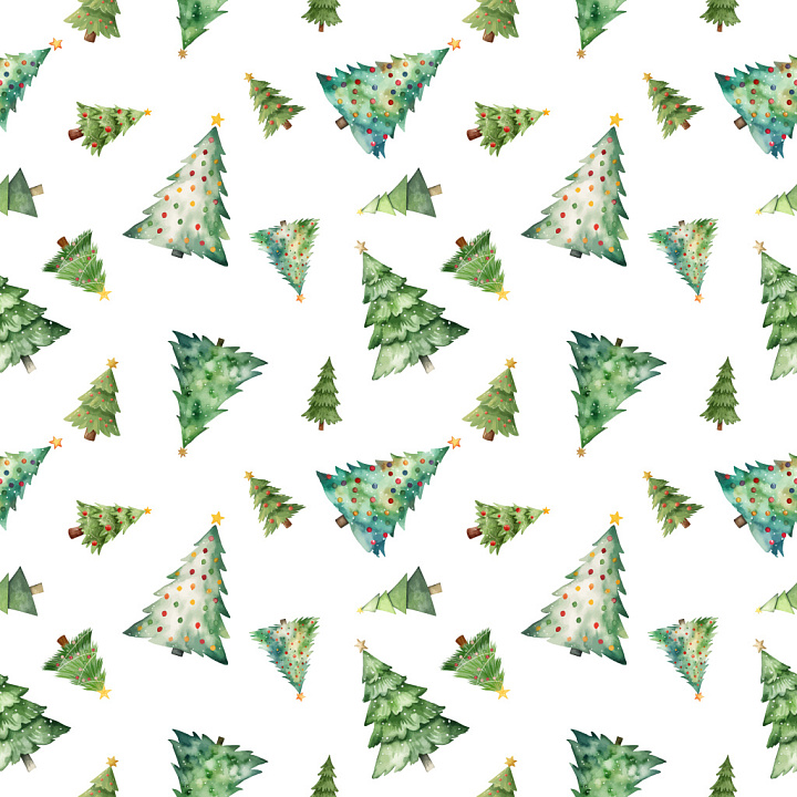 Pattern Featuring Watercolor Christmas Trees in Varied Styles seamless PBR texture preview