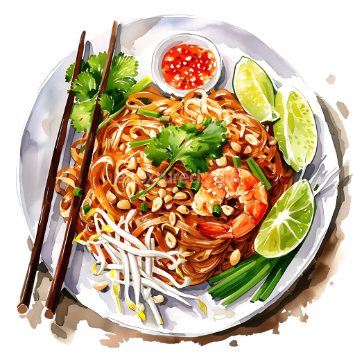 Breakfast Pad Thai Shrimp Noodles with Lime and Herbs Illustration