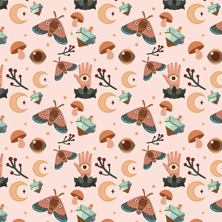 Boho Fabric with Mystical Motifs and Earthy Tones seamless PBR texture preview