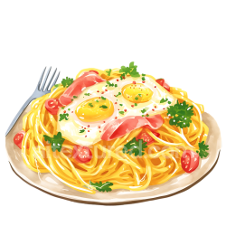 seamless Breakfast Carbonara Plate with Spaghetti, Fried Eggs, Bacon, and Herbs Illustration texture 8k free download PBR