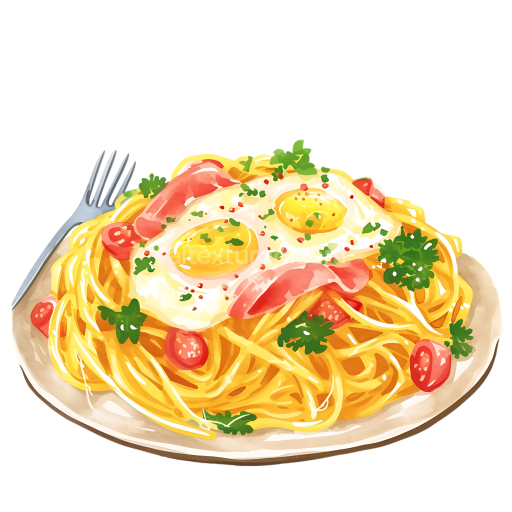 Breakfast Carbonara Plate with Spaghetti, Fried Eggs, Bacon, and Herbs Illustration