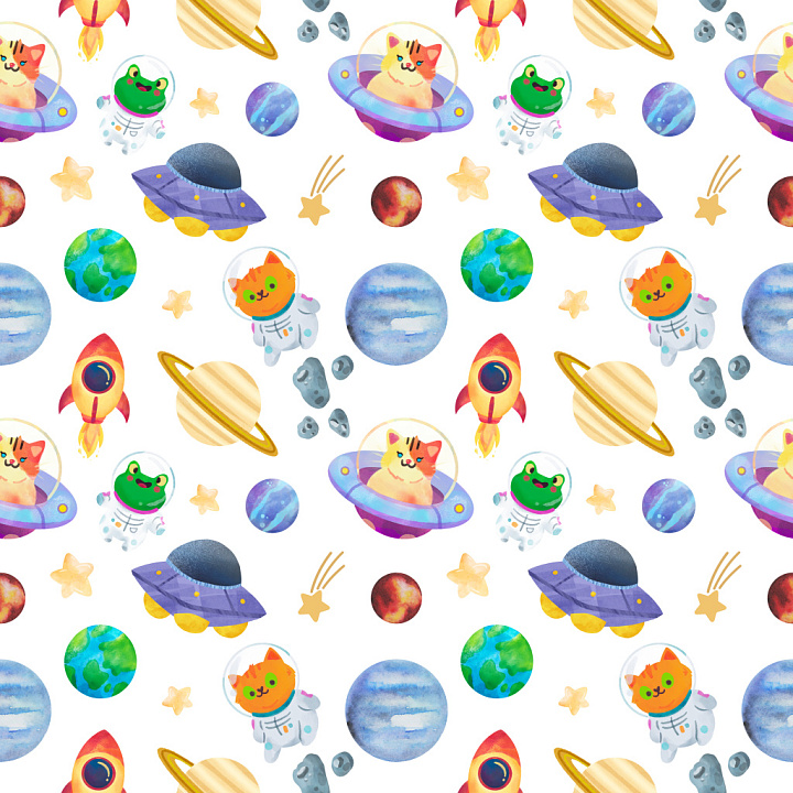 Pattern Featuring Playful Space Animals and Planets seamless PBR texture preview