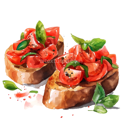 Watercolor Style Bruschetta with Fresh Tomato and Basil Breakfast Graphic