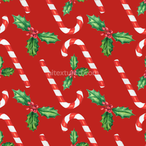 Seamless 3D PBR Christmas Watercolor Texture with Candy Canes and Holly