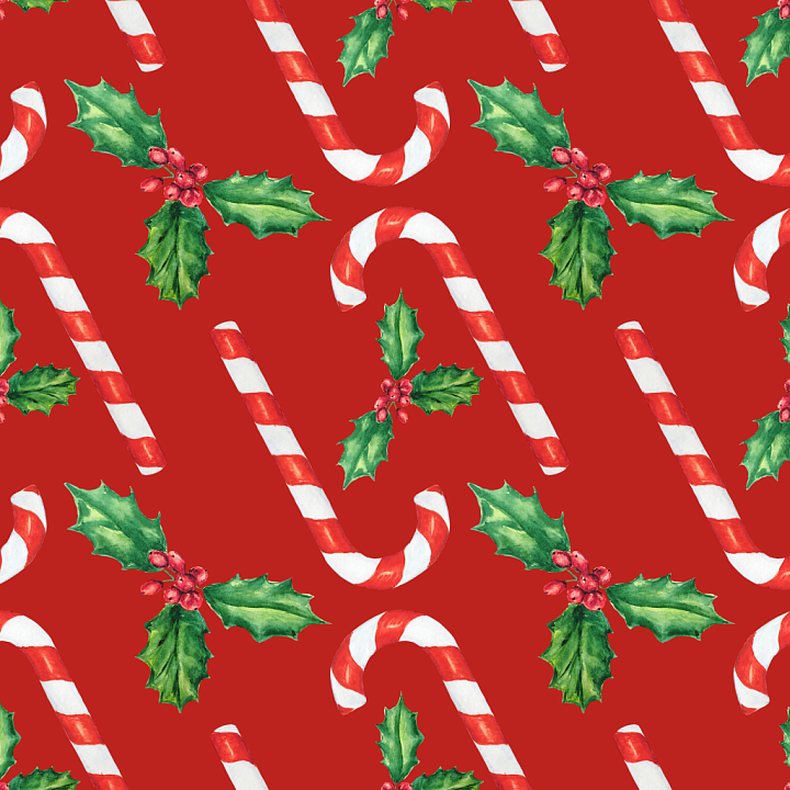Christmas Watercolor with Candy Canes and Holly seamless PBR texture preview