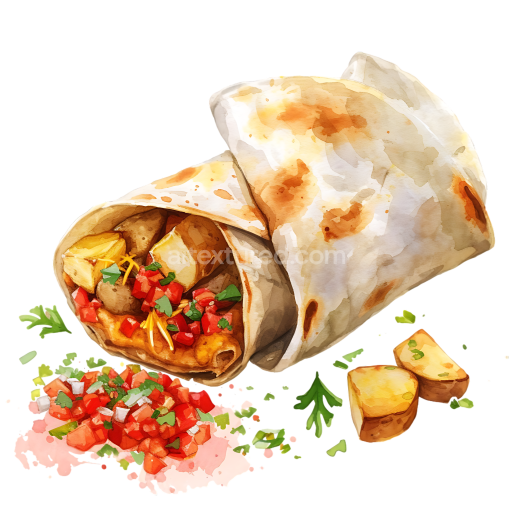 Watercolor Style Breakfast Burritos with Potatoes and Fresh Salsa Illustration