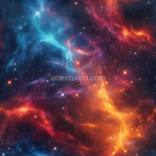 Seamless 3D Space PBR Texture Featuring Vibrant Cosmic Nebula Clouds in Blue and Orange