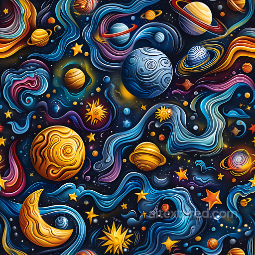 Space PBR Texture Featuring Stylized Planets and Cosmic Nebulae seamless Star, space, planets PBR texture