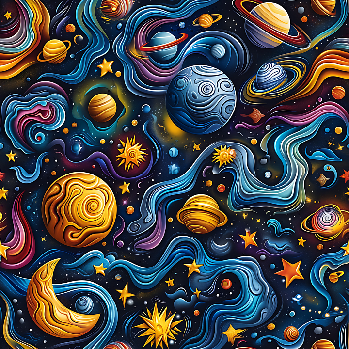 Space Featuring Stylized Planets and Cosmic Nebulae seamless PBR texture preview