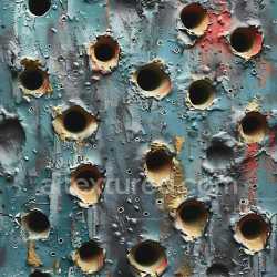 seamless Seamless 3D cracked & blasted holes metal PBR texture with blue-green paint & rust texture 8k free download PBR