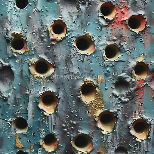 Seamless 3D cracked & blasted holes metal PBR texture with blue-green paint & rust