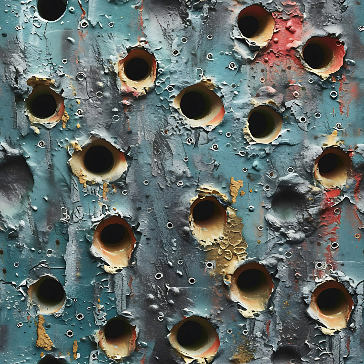 Cracked & Blasted Holes Metal With Blue-Green Paint & Rust seamless PBR texture preview