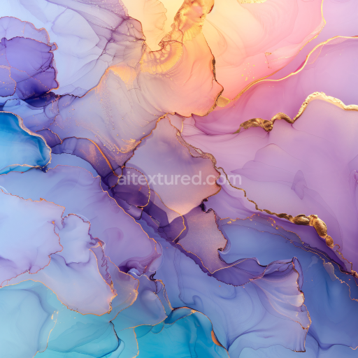 Seamless 3D Alcohol Ink PBR Texture Featuring Purple and Gold Fluid Waves