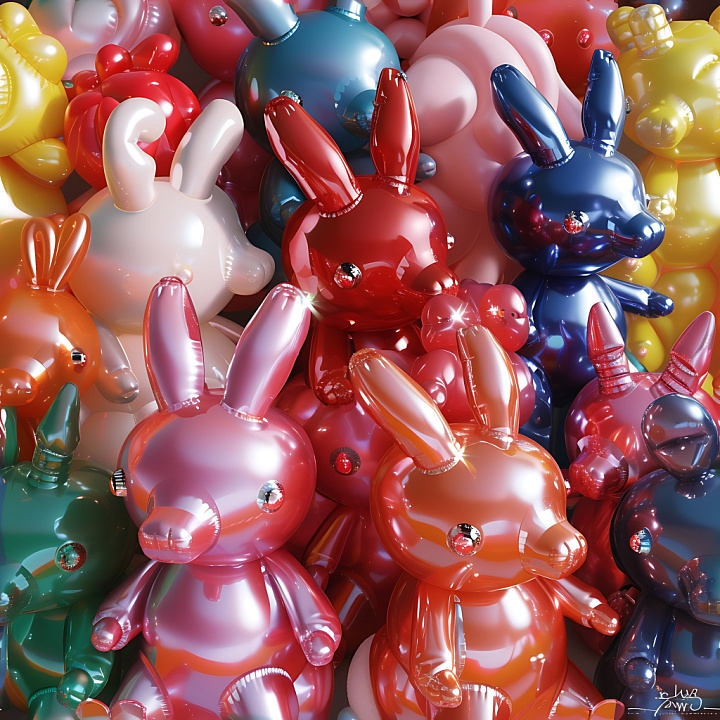 Inflated Vinyl Bunny Figures in Glossy Multicolor seamless PBR texture preview