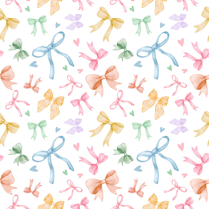 Pattern with Pastel Watercolor Bows and Hearts Motifs seamless PBR texture preview