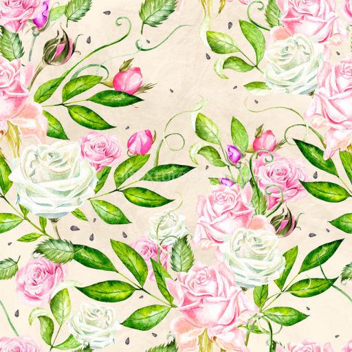 Seamless 3D PBR Watercolor Flower Texture with Pink and White Roses and Green Leaves