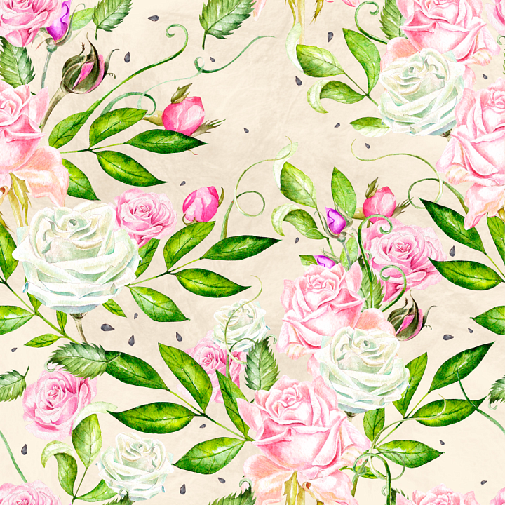 Watercolor Flower with Pink and White Roses and Green Leaves seamless PBR texture preview