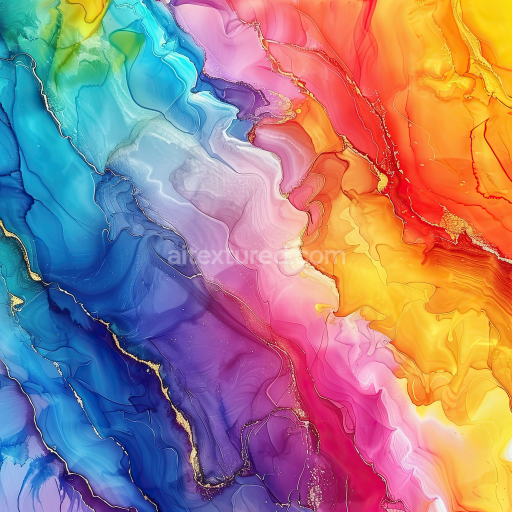 Seamless 3D Alcohol Ink PBR Texture with Vibrant Rainbow Fluid Marbling and Gold Veins
