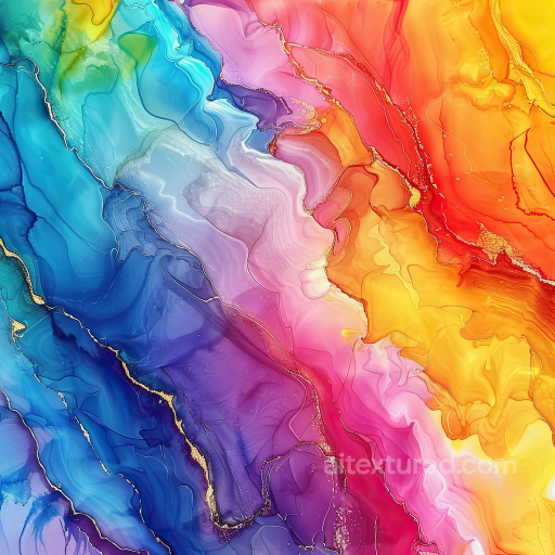 Alcohol Ink PBR Texture with Vibrant Rainbow Fluid Marbling and Gold Veins seamless Alcohol ink PBR texture