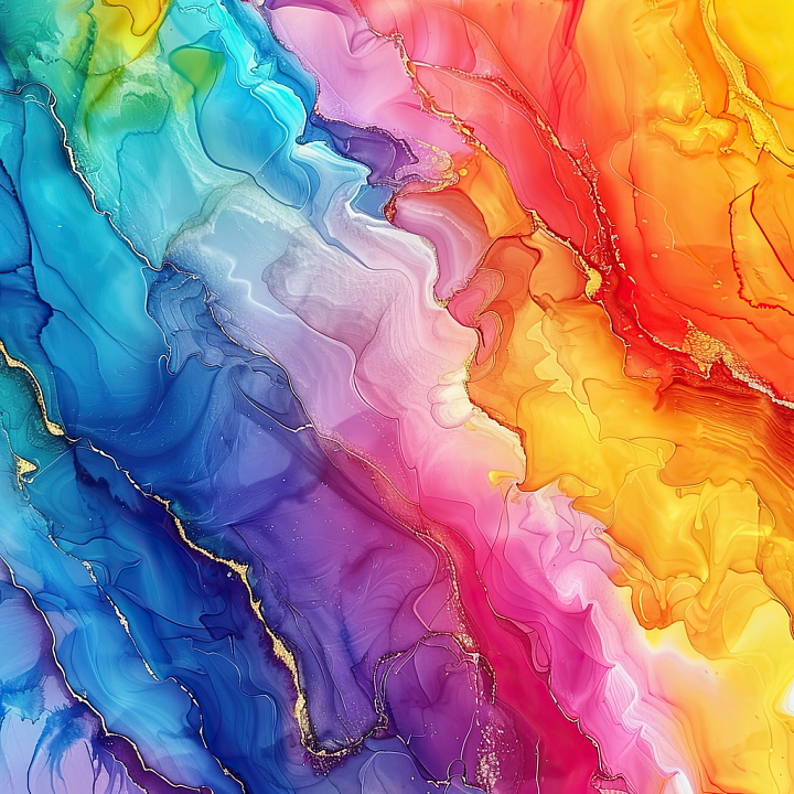 Alcohol Ink with Vibrant Rainbow Fluid Marbling and Gold Veins seamless PBR texture preview