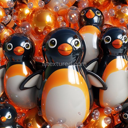 Seamless 3D Inflated Glossy Penguin Vinyl PBR Texture with Vibrant Orange and Black Colors