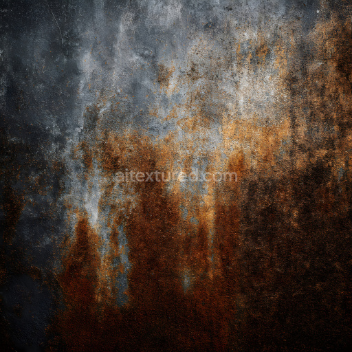 Seamless 3D PBR Rusty Metal Texture Featuring Cracks and Pitted Areas in Dark Gray and Burnt Orange