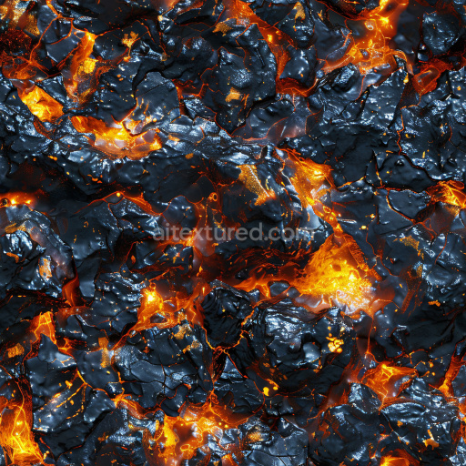 Seamless 3D PBR Texture of Glossy Black Lava Rock with Fiery Orange Glowing Fissures