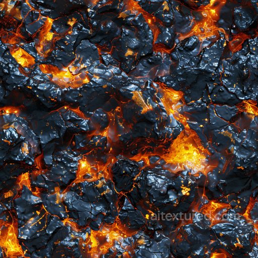 Seamless 3D PBR Texture of Glossy Black Lava Rock with Fiery Orange Glowing Fissures texture preview